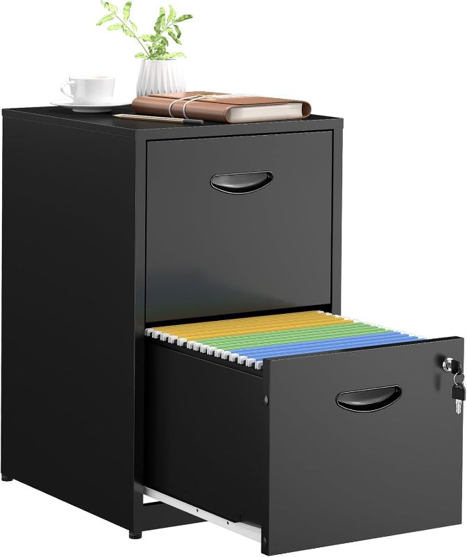 Photo 1 of 2 Drawer File Cabinets,Metal Office File Cabinet with Lock,Black Filing Cabinets for Home Office,Vertical Modern File Cabinet Office Two Drawers for Hanging Letter,Assembly Required