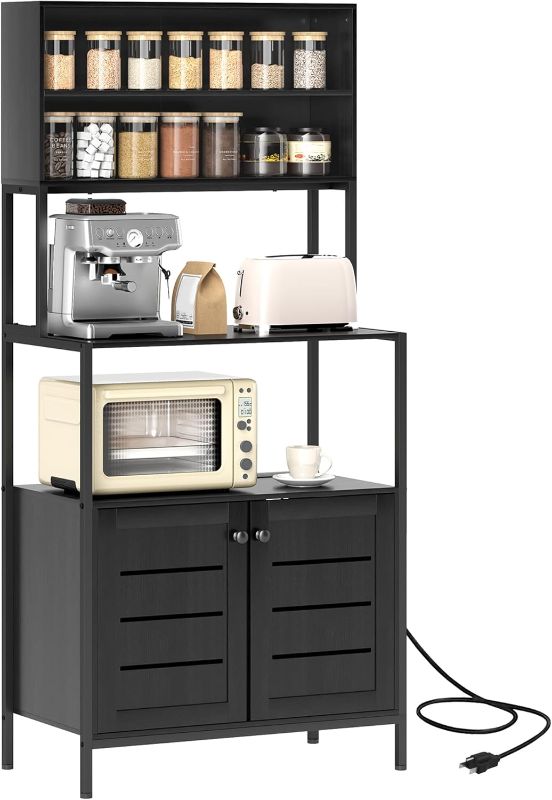 Photo 1 of Kitchen Bakers Rack with Power Outlet, Coffee Bar Cabinet with Storage Shelves, Microwave Stand with Louvred Door Cabinets, Black