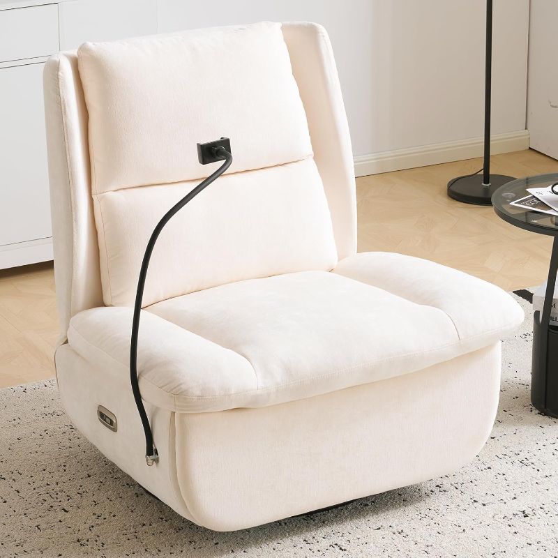 Photo 1 of Swivel Rocker Recliner Chair, Oversized Armless Recliner with Phone Holder & USB Port, Power Recliner Chair for Adults, Cross Legged Glider Rocking Chair for Living Room, Chenille Beige