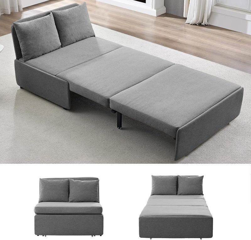 Photo 1 of Twin Size Pull Out Sleeper Sofa Bed, Linen Convertible Small Sofa Beds with Foldable Mattress, Chair Bed Couch Pull Out Beds with 2 Cushions for Small Place, Apartment, Office Light Grey