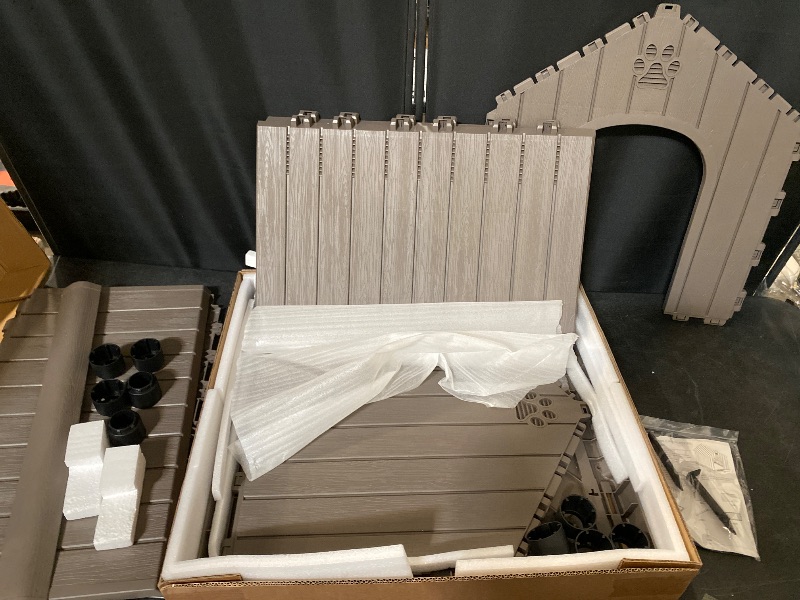 Photo 1 of Dog House Outdoor Indoor for Medium Large Dogs, Durable Plastic Waterproof Doghouse with Air Vents and Elevated Floor, Easy Clean and Assemble (Grey, 26.18''L × 24.02''W × 25.98''H)