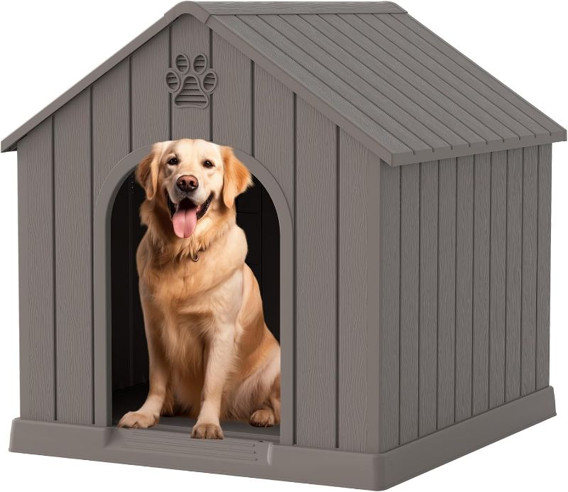 Photo 1 of Dog House Outdoor Indoor for Medium Large Dogs, Durable Plastic Waterproof Doghouse with Air Vents and Elevated Floor, Easy Clean and Assemble (Grey, 26.18''L × 24.02''W × 25.98''H)