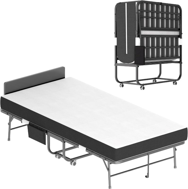 Photo 1 of Folding Bed with Mattress and Headboard Thick Memory Foam Mattress, Roll Away Beds with Mattresses for Adults, Roll Away Beds with Dust Cover Frame for Guest, Assembly Required 61" x  29"