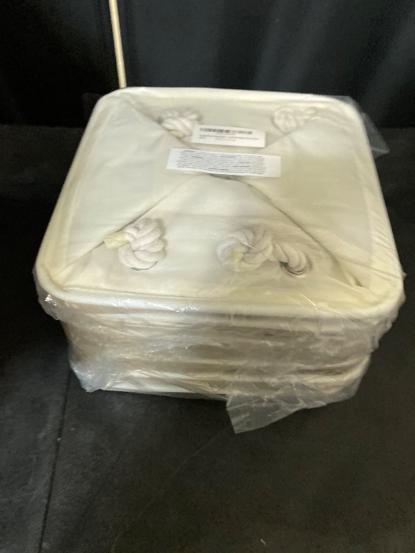 Photo 1 of 11 x 11 Inch Cube Storage Bins, 6 Pack Large Collapsible Fabric Storage Bin with Ropes, Foldable Storage Cubes for Home, Office,Closet, Clothes, Toys Organizer (White & Beige-11"x11"x11")