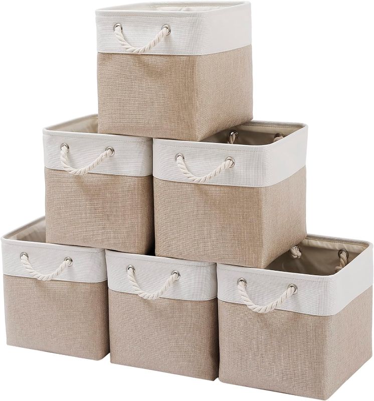 Photo 1 of 11 x 11 Inch Cube Storage Bins, 6 Pack Large Collapsible Fabric Storage Bin with Ropes, Foldable Storage Cubes for Home, Office,Closet, Clothes, Toys Organizer (White & Beige-11"x11"x11")