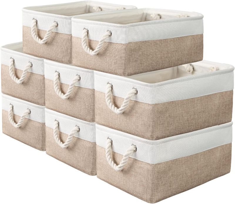Photo 1 of 8 Pack Storage Basket Bins - Decorative Baskets Bulk Storage Box Cubes Containers with Handles for Clothes Storage Bathroom, Garage, Books, Home, Office, 13.7L x 9.8W x 6.7H (White&beige)