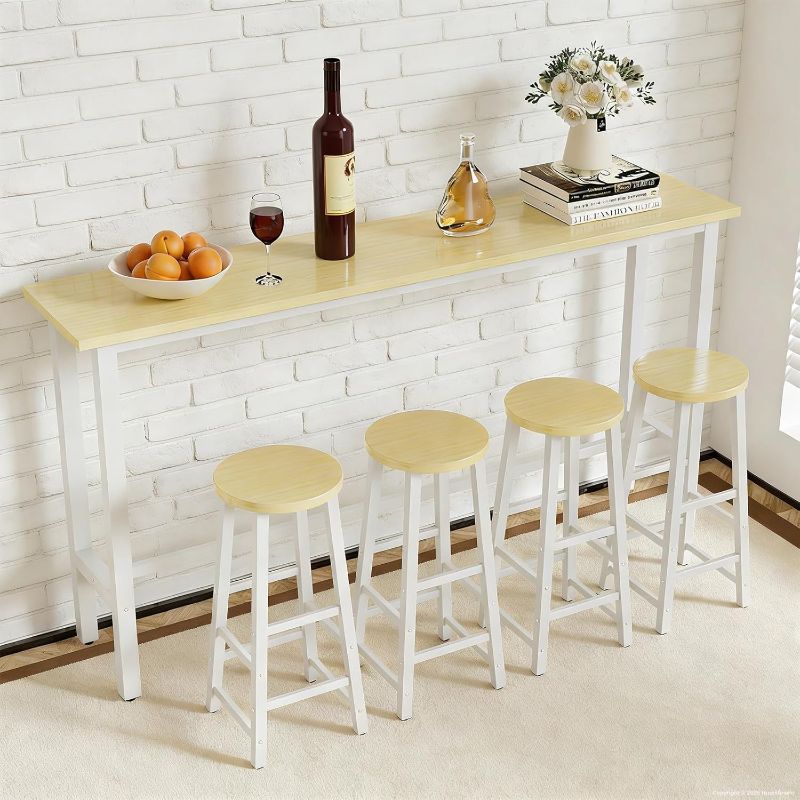 Photo 1 of 71" Bar Height Pub Table Set, 5-Piece Narrow Pub Table with 4 Stools, High Top Bar Table and Chairs for Small Spaces, Kitchen, Dining Room, Home Bar, White + Maple