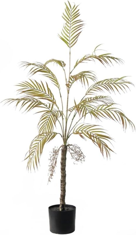 Photo 1 of Artificial Palm Tree, 4FT Tall Decorative Fake Palm Tree in Pot with with Natural Trunks Real Touch Leaves, UV Sun Resistant Tropical Floor Faux Plant for Office Patio Yard Home Decor