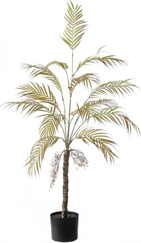 Photo 1 of Artificial Palm Tree, 4FT Tall Decorative Fake Palm Tree in Pot with with Natural Trunks Real Touch Leaves, UV Sun Resistant Tropical Floor Faux Plant for Office Patio Yard Home Decor