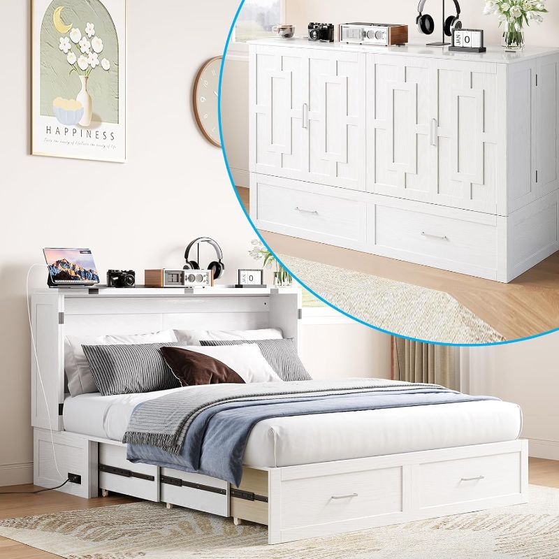 Photo 1 of 64" Width Murphy Cabinet Bed Queen Size with USB Charging Statioon, Cube Murphy Bed Cabinets with Large Drawer, Guest Cabinet Chest Beds for Bedroom Home Office, Mattress Not Included, White