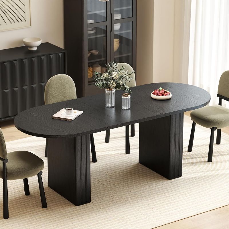 Photo 1 of 62.99"-78.74" Oval Expandable Dining Table, Extendable Dining Room Table for 4-8 People with Wooden Strip Base, Modern Kitchen Table with Slide Metal Track, for Family Living Room-Black