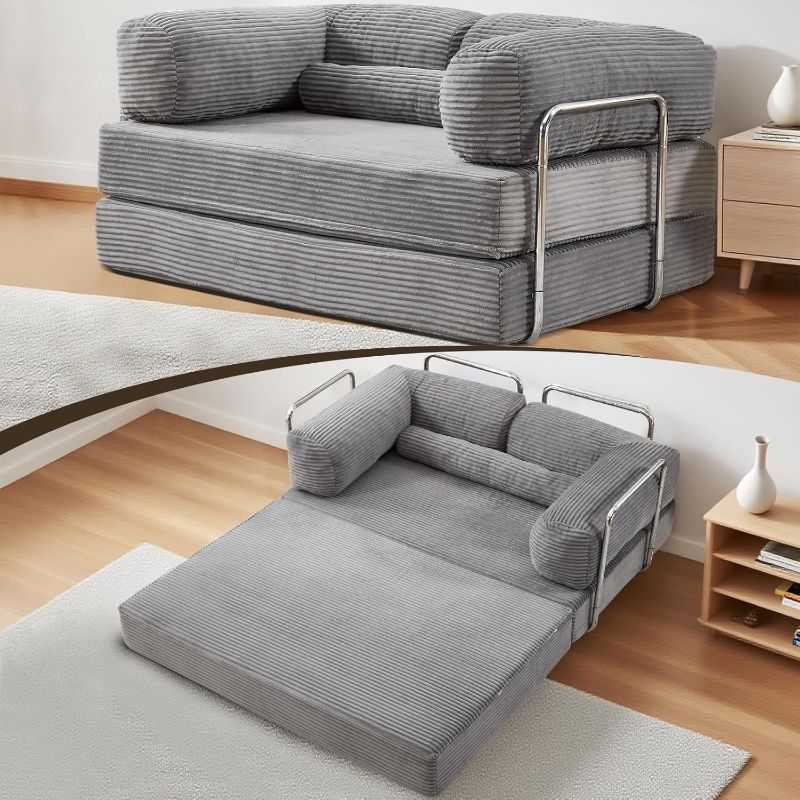 Photo 1 of Folding Sofa Bed Convertable Corduroy Couch, Convertible Sofa with Fixed-Shape Frame, Modular Sectional for Living Room, No Assembly Compression Foldable Sleeper (Gray)