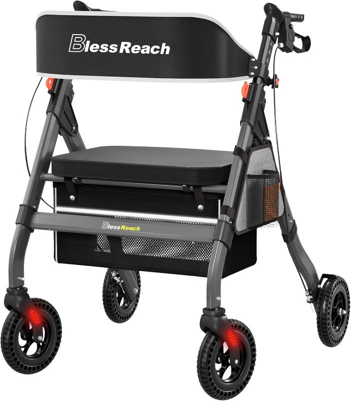 Photo 1 of Foldable Rollator Walkers with Seat for Seniors, 450 lb Capacity, 8'' Wheels, 18" Big Seat, 6-Position Height, Heavy-Duty Aluminum Rolling Walker (Gray)