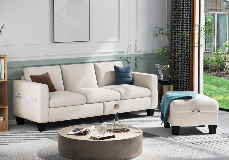 Photo 1 of Sectional Couches for Living Room: Beige 3-Seat Couch for Apartment Loft Studio Linen Fabric