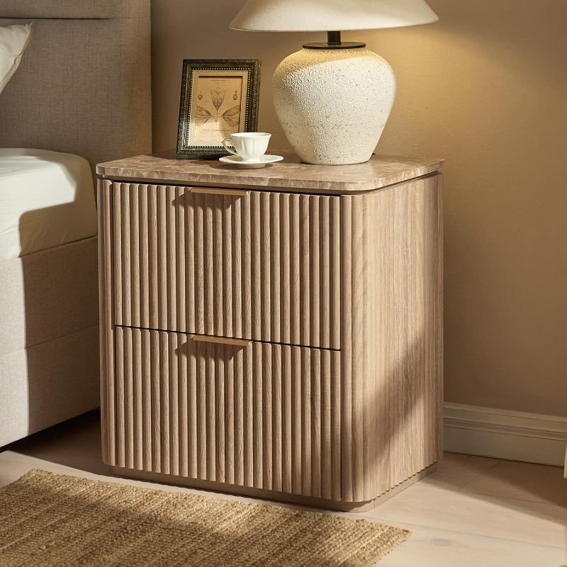 Photo 1 of Fluted Nightstand with 2 Drawers, Bedside Table with Faux Marble-Top, Engineered Wood End Table with Curved Corners, Metal Handle, Modern Night Stand for Bedroom, Small Spaces, Natural Oak