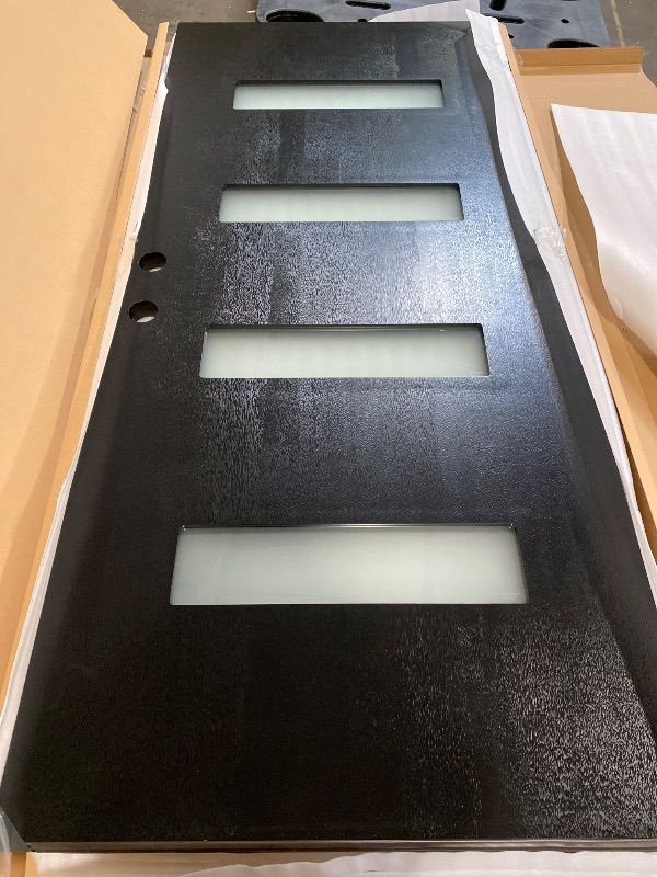 View 2 of 36x80 Fiberglass Entry Door Black 4-Lite Frosted Glass Right Hand Inswing Weatherproof LVL Stile left inswing