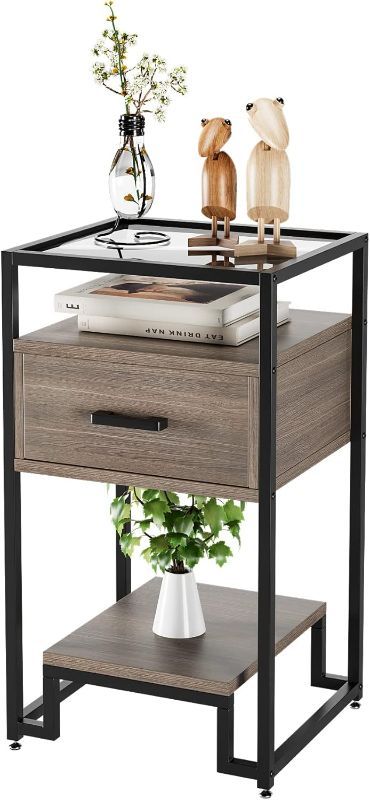 Photo 1 of Nightstand, End Table with Storage Drawer and 3-Tier Storage & Tempered Glass Top, Bedside Furniture with Steel Frame, Side Table for Bedroom, Dorm, Easy Assembly