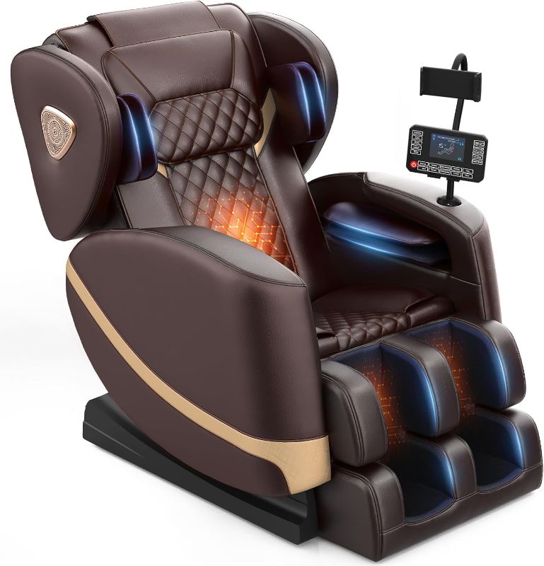 Photo 1 of Massage Chair Full Body, Zero Gravity Massage Chair with 10 Fix Rollers, Heating, Foot Massage, Auto Modes, Bluetooth Speaker, Touch Screen Controller (Brown Premium)