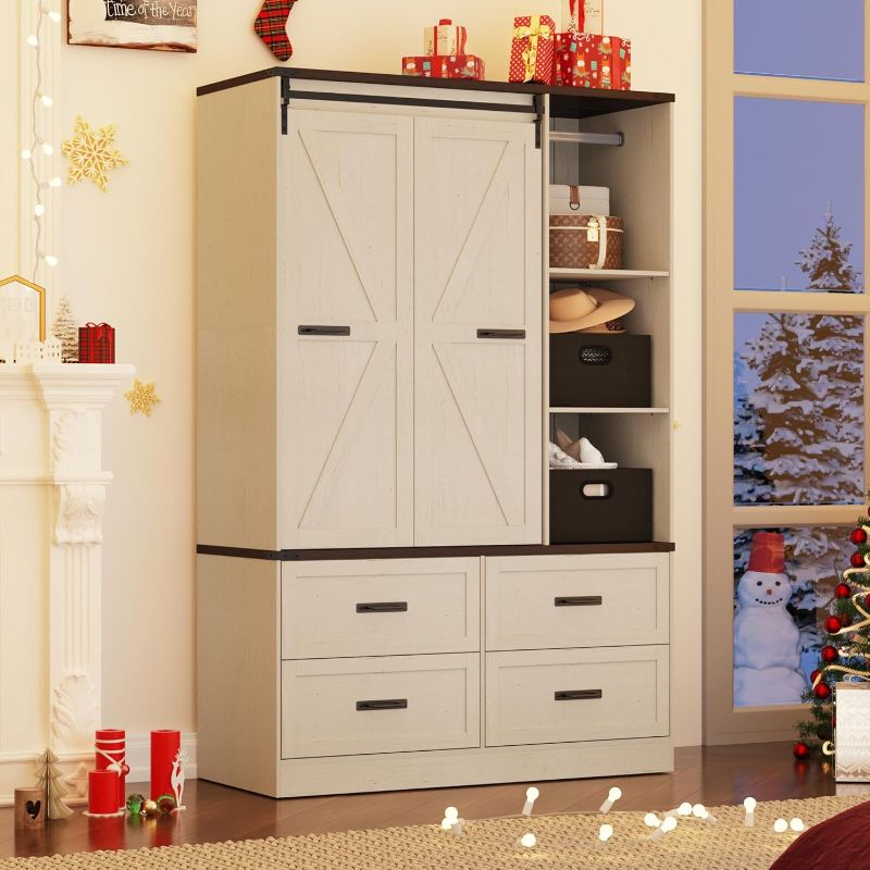 Photo 1 of 73" Tall Farmhouse 3 Doors Armoire Wardrobe Closet w/ Sliding Folding Door,4 Drawers,Closet Wardrobe Cabinet w/ LED Light,Hanging Rod for Bedroom,Wooden Wardrobe Armoire Cabinet,Antique White