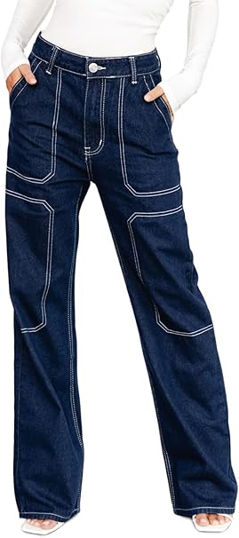 Photo 1 of XXL Women's Casual Mid Waist Cargo Jeans Stretch Button Wide Leg Denim Pants with Pockets