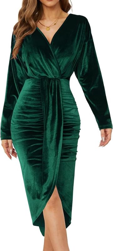 Photo 1 of 2XL Women's V Neck Long Sleeve Ruched Dress Sexy Velvet Cocktail Party Evening Club Midi Dresses