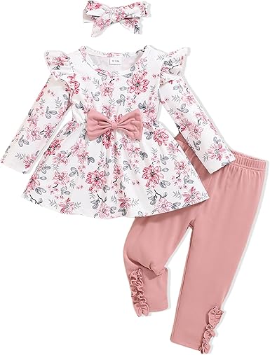 Photo 1 of 2-3Y Toddler Baby Girl Clothes Infant Girl Outfits Fall Ruffle Floral T-Shirt Top Pants Set Winter Spring Clothes