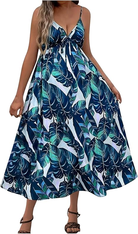 View 1 of 2XL Womens Hawaiian Tropical Midi Graphic Plus Size Dresses for Women Sleeveless Slip V Neck Beach Fall Summer