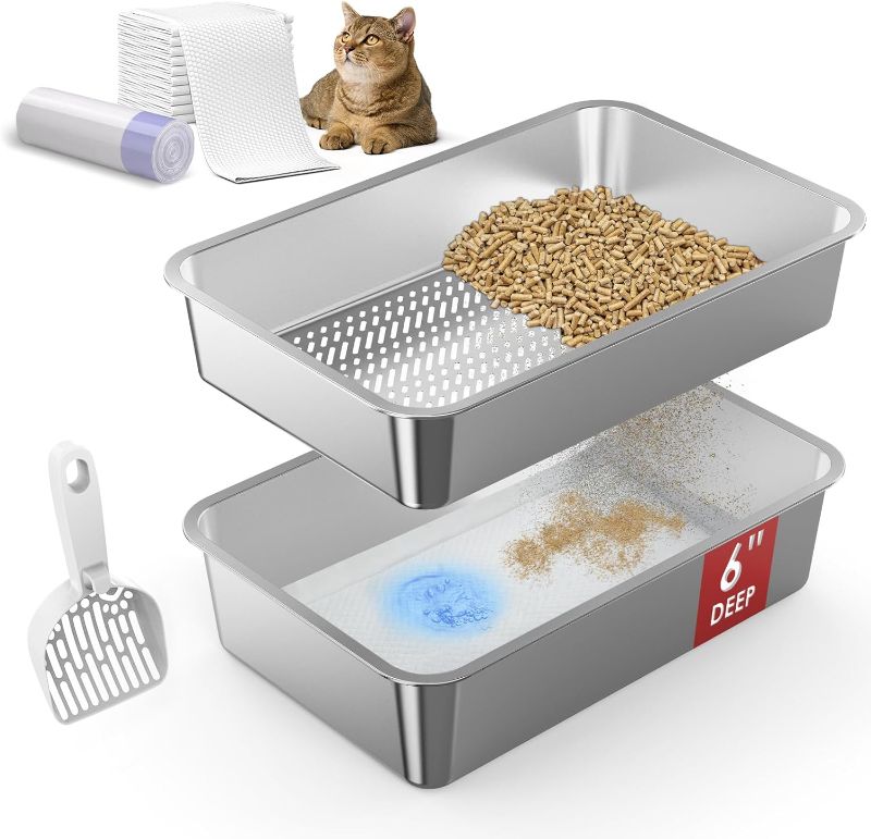 Photo 1 of 23.6”x15.7”x6” SuzziPaws Stainless Steel Cat Litter Box with Odor Control System, XL Open Top Sifting Litter Box for Big Cats, Includes Pee Pads & Liners, Easy-Clean Metal Litter pan for Pine Pellets