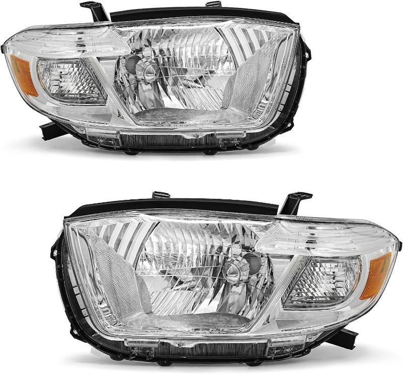 Photo 1 of Headlight Compatible with 2008 2009 2010 Toyota Highlander Base Headlamp with Chrome Housing Amber Reflector Replacement Pair Left and Right