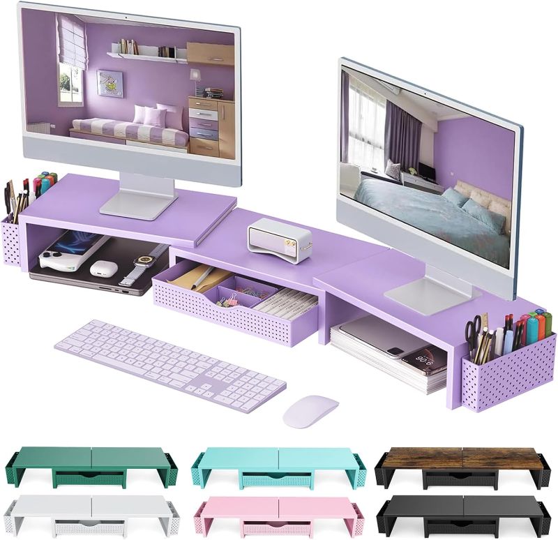 Photo 1 of Dual Monitor Stand Riser, Desk Organizer With Drawer and 2 Pen Holders, Desk Organizers and Accessories, Purple Office Decor (Purple)
