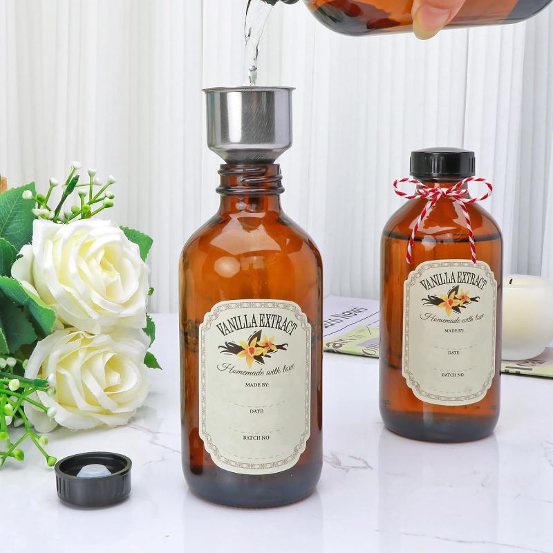 Photo 1 of 8oz Glass Vanilla Extract Bottles,10 Pack Round Amber Glass Boston Bottles with Caps  Stickers and Funnel Applicable to Essential Oils, Wedding, Christmas