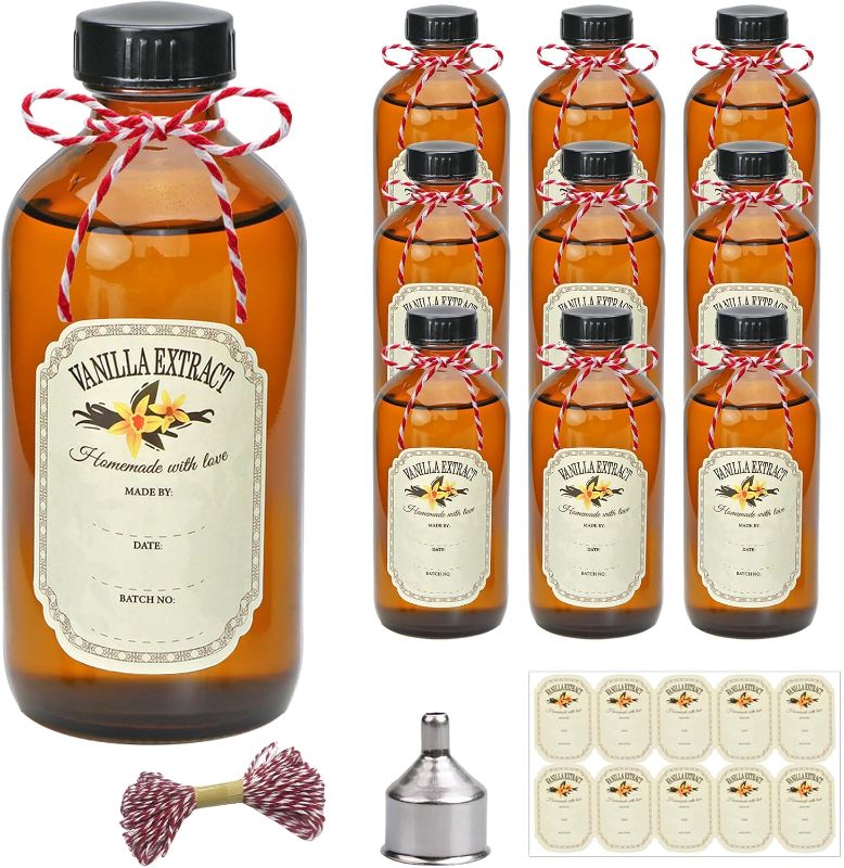 Photo 1 of 8oz Glass Vanilla Extract Bottles,10 Pack Round Amber Glass Boston Bottles with Caps  Stickers and Funnel Applicable to Essential Oils, Wedding, Christmas