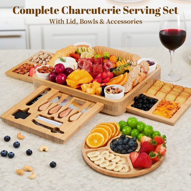 Photo 1 of Charcuterie Board with Lid – Large Bamboo Cheese Board Set with Utensils & Drawers – Housewarming, Wedding Gifts for Couples, Serving Tray with Cover (Cream)

