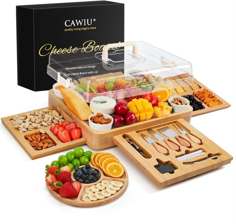 Photo 1 of Charcuterie Board with Lid – Large Bamboo Cheese Board Set with Utensils & Drawers – Housewarming, Wedding Gifts for Couples, Serving Tray with Cover (Cream)
