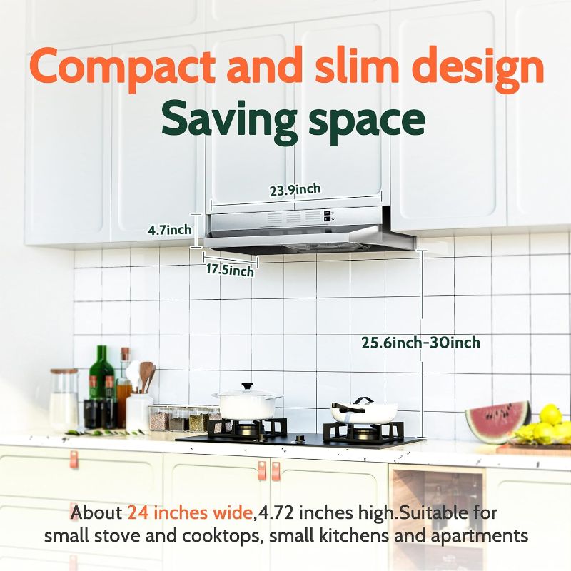 View 2 of FIREGAS 24-inch Range Hood Under Cabinet, 300CFM Ducted/Ductless Convertible Kitchen Hood in Stainless Steel with 2-watt LED Light and Filter, 2 fan speeds, hassle-free installation
