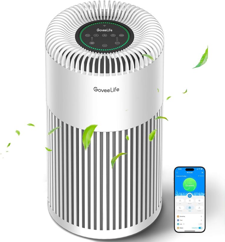 View 1 of GoveeLife Smart Air Purifier for Home Large Room Up to 1524 sq.ft.with Washable Filter, Integrated PM 2.5 Air Quality Sensor,WiFi, Air Purifier for Smoke, Wildfire, Pet Hair,24dB, White
