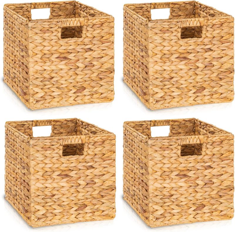 Photo 1 of 10.5x10.5in Wicker Storage Baskets, Handwoven Water Hyacinth Foldable Cube Bins for 11.5" × 11.5" and Larger Cube Shelves, Set of 4 (Natural)
