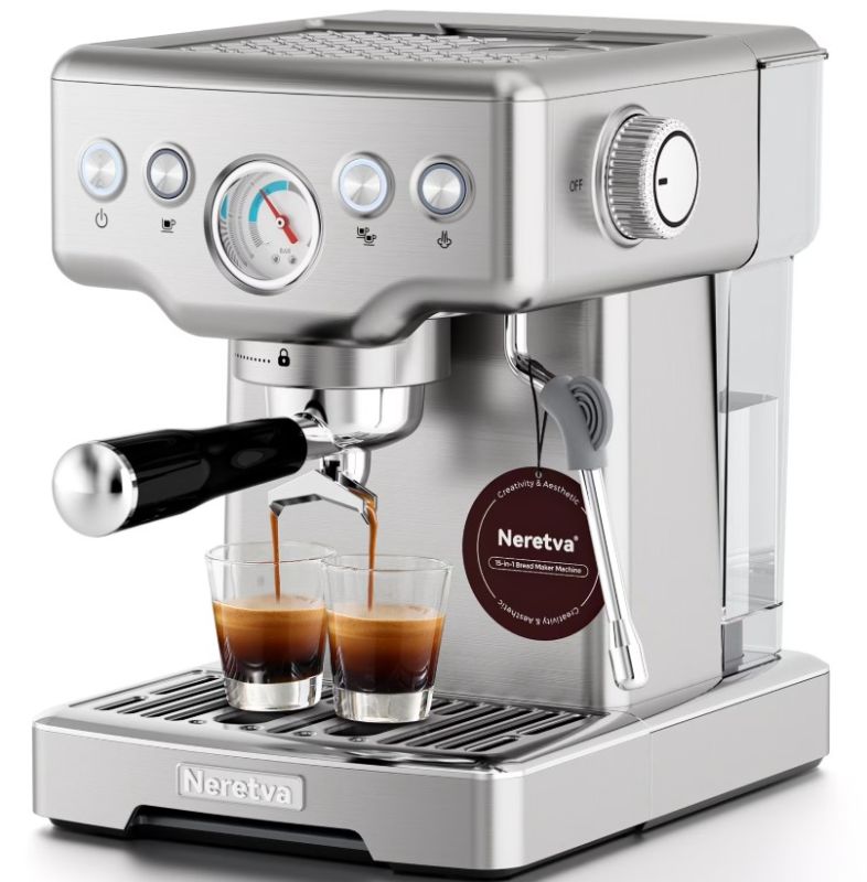 Photo 1 of Neretva Espresso Machine, 15 Bar Espresso Coffee Machine with Visible Pressure Guage Professional Espresso Maker with Milk Frother & Stainless Steel for Home Barista Latte and Cappuccino Maker - Silver