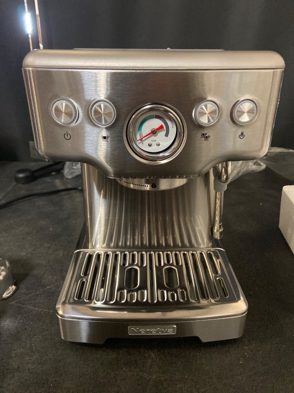 Photo 1 of Neretva Espresso Machine, 15 Bar Espresso Coffee Machine with Visible Pressure Guage Professional Espresso Maker with Milk Frother & Stainless Steel for Home Barista Latte and Cappuccino Maker - Silver