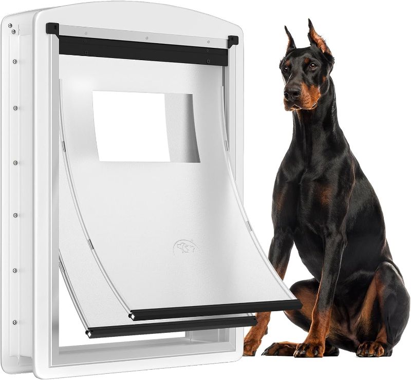Photo 1 of Extra Large Dog Door for Door, Dog Door for Interior & Exterior Door with Steel Frame and Telescoping Tunnel, Magnetic Two Flaps Design and Two Sliding Lock Panels, Up to 220LBS, White