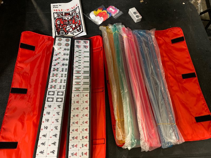 Photo 1 of American Mahjong Mah Jongg Set 166 Tiles 4 All-in-One Color Rack/Pushers Red Soft Bag Full Size Complete Mahjongg Ma Jong Set (Red)