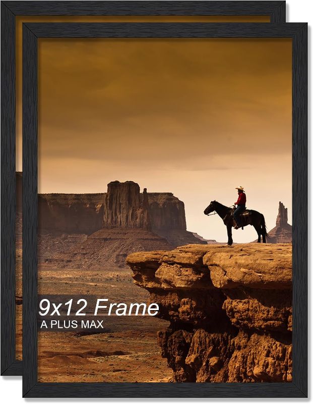 Photo 1 of 9x12 Picture Frame Set of 2, Black Engineered Wood Frame for 9 x 12 Inch Picture Poster Photo, Light Weight 9 by 12 Frame with Wood-grain for Wall - 2 Pack/Black/9"x12"