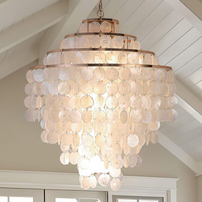 Photo 1 of Coastal Capiz Shell Chandelier 24 inch Gold Natural Seashell Farmhouse Boho Chandelier 4-Light Pendant Light Fixture for Living Room Foyer Kitchen Island Entryway Dining Room Bedroom,LED Bulb Included