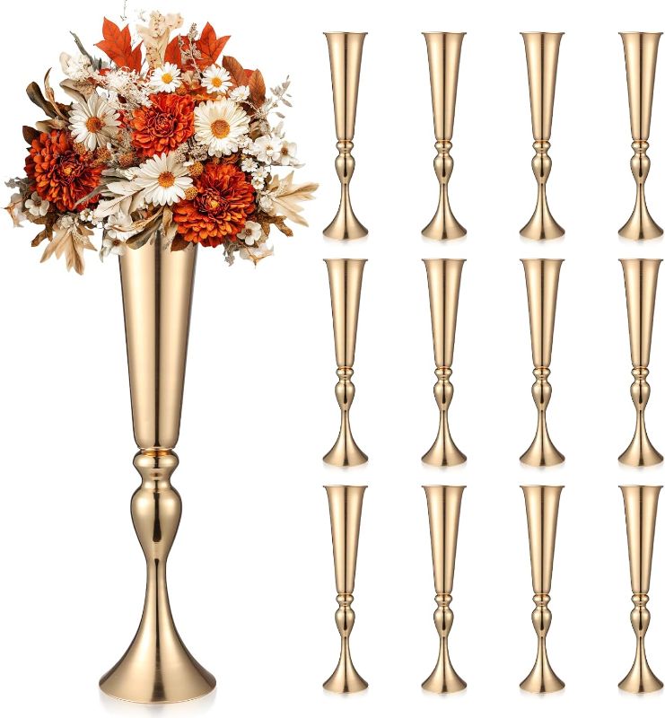 Photo 1 of 12 Pcs Tall Gold Trumpet Vases for Centerpieces & Wedding Tables - 21.65" Tall Gold Flower Vase Set with Weighted Base, Metal Trumpet Centerpieces for Tables (Bases para Centros de Mesa)