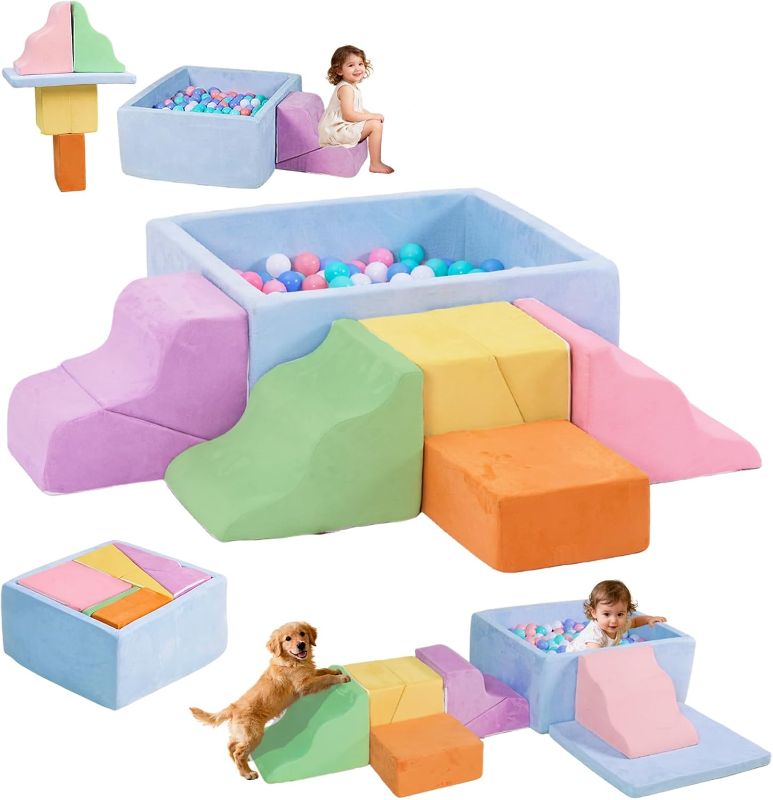 View 1 of Climbing Toys for Toddlers, 7-Piece Foam Climbing Blocks with Ball Pit, Indoor Soft Play Set for Baby & Toddlers to Crawl, Climb, Motor Skills Development (Balls Not Included)