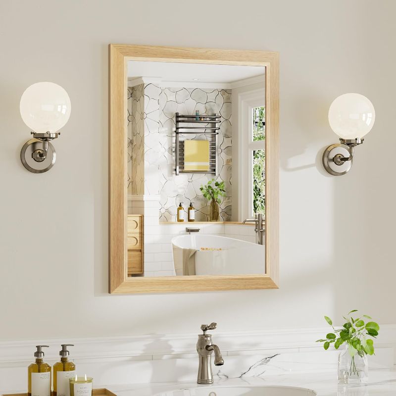 Photo 1 of 22x30 Inch Bathroom Mirror for Wall, Anti-Rust Oak Wood Grain Metal Framed Bathroom Mirrors for Over Sink,Rectangler Mirrors for Bathroom Vanity, Farmhouse, Bedroom, Living Room, Entryway Decor