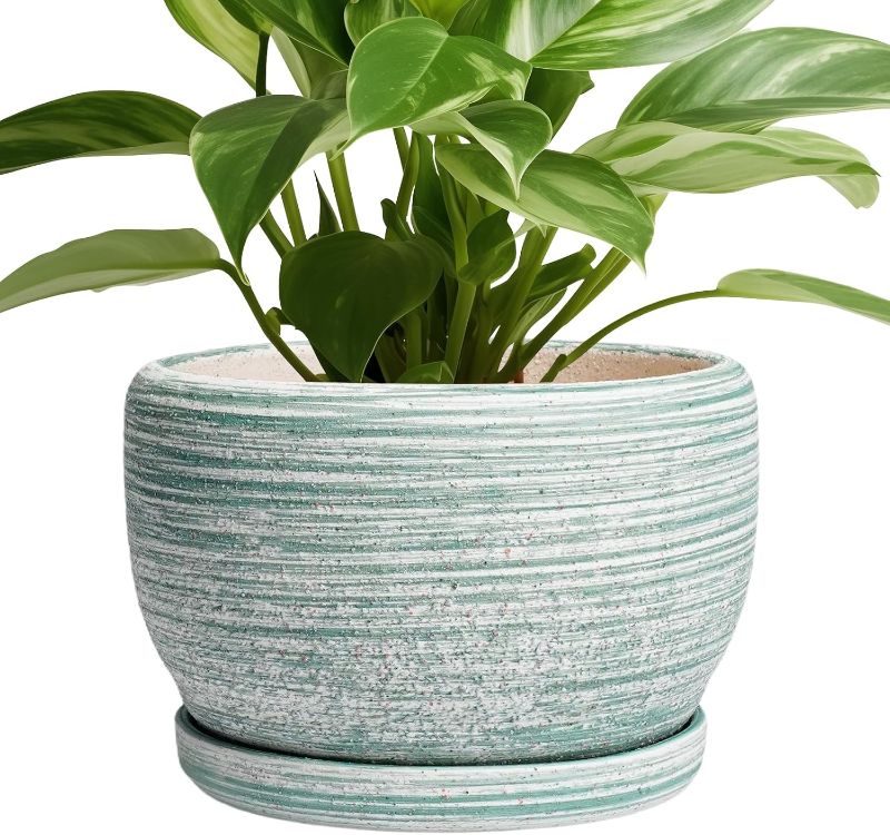 Photo 1 of Ceramic Planters for Indoor Plants - 8 inch Plant Pot Outdoor, Ceramic Flower Pot with Drainage Hole and Saucer, Round Modern Planter, Living Room Apartment Decor, Birthday Gifts, Green