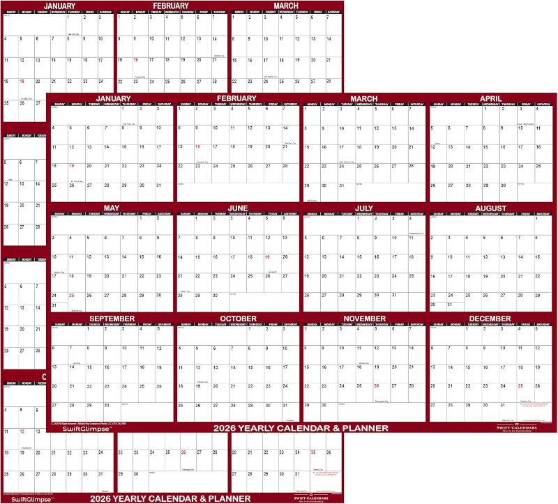 Photo 1 of 24" x 36" SwiftGlimpse 2026 Wall Calendar Erasable Large Wet & Dry Erase Laminated 12 Month Annual Yearly Wall Planner, Reversible, Horizontal/Vertical, Maroon