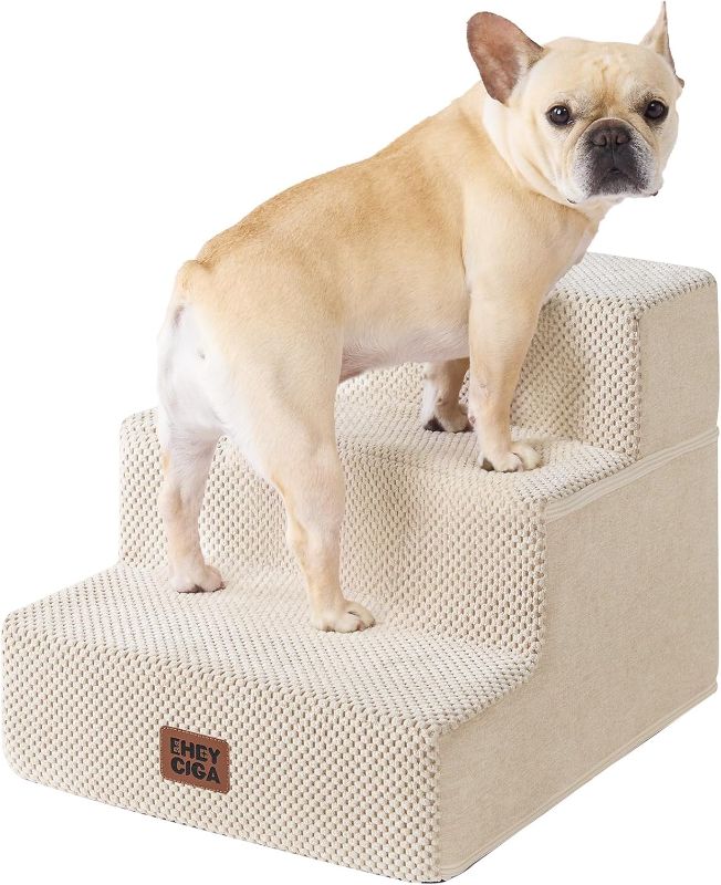 Photo 1 of Dog Stairs for Small Dogs 13.5" H, 3-Step Dog Steps for Couch Sofa and Chair, Pet Steps for Medium Cats, Non-Slip Balanced Pet Ramp Indoor, Beige