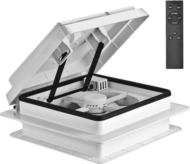Photo 1 of EcoSynic Quiet RV Roof Vent with Rain Sensor, Automatic RV Vent with Reversible Ventilation, 12 Volt RV Fan with Max Air, 14" x 14" RV Ceiling Fan Replacement for Enclosed Trailer, Motorhome, Van